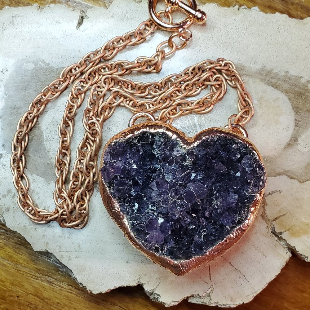 Large Amethyst Heart ~ 18" Antique Copper Chain